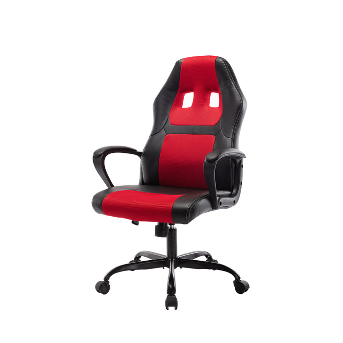 Left angled contemporary black and red adjustable gaming chair with arms on a white background