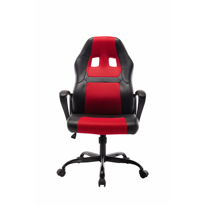 Front-facing contemporary black and red adjustable gaming chair with arms on a white background