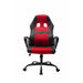 Front-facing contemporary black and red adjustable gaming chair with arms on a white background