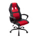 Right angled contemporary black and red adjustable gaming chair with arms on a white background
