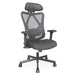Right angled contemporary black office chair with mesh and a headrest on a white background