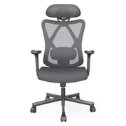 Front facing contemporary black office chair with mesh and a headrest on a white background