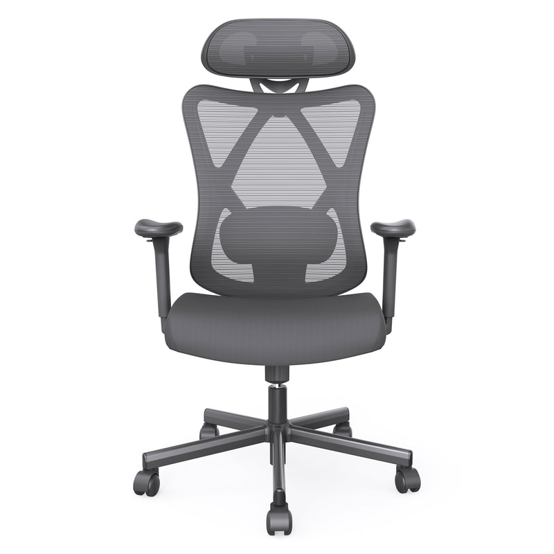Front facing contemporary black office chair with mesh and a headrest on a white background