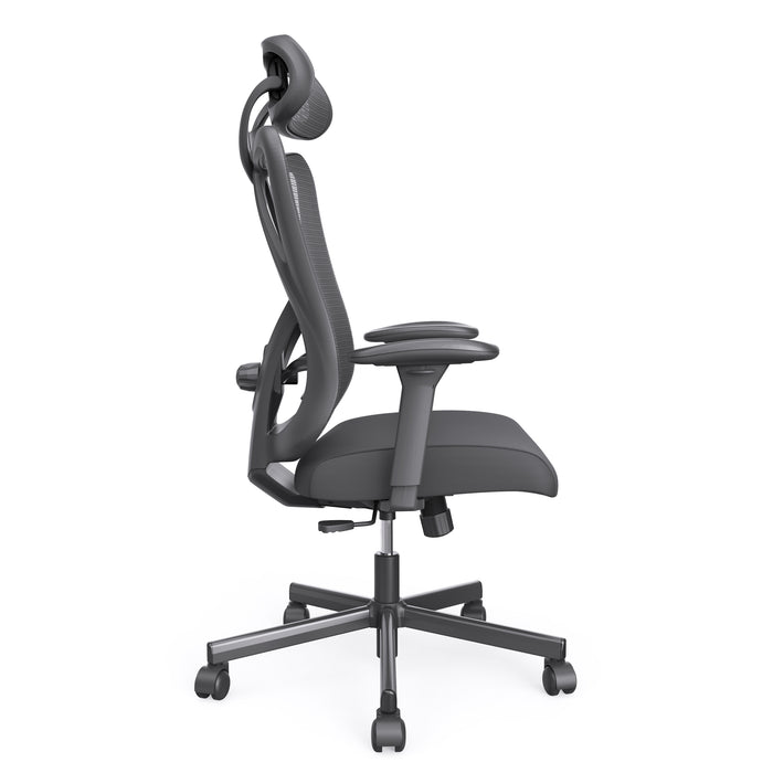 Front facing side view of a contemporary black office chair with mesh and a headrest on a white background