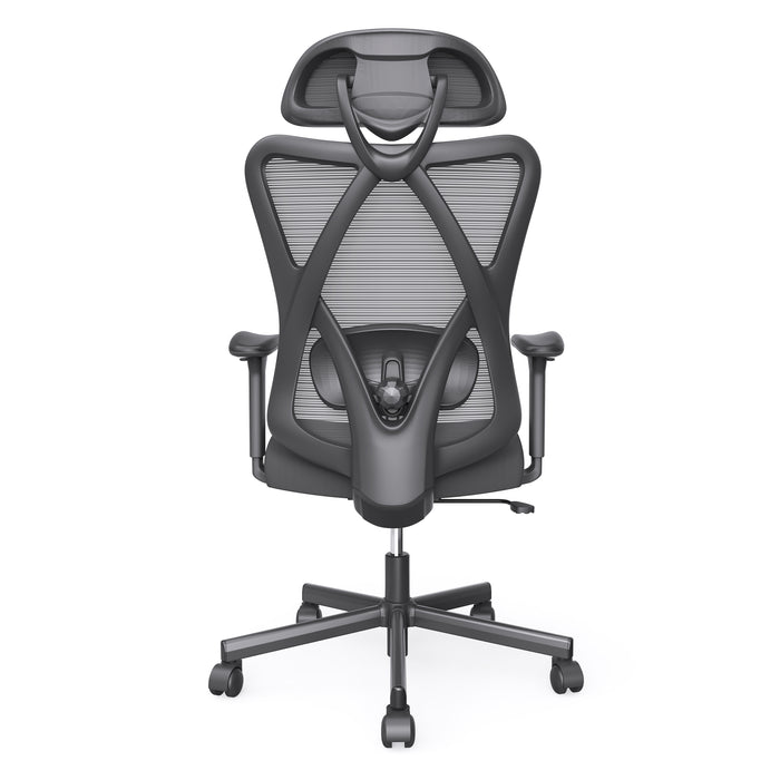 Front facing back view of a contemporary black office chair with mesh and a headrest on a white background