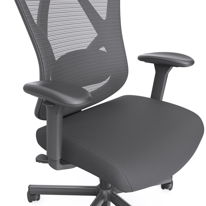 Right angled back, seat, and armrest close up view of a contemporary black office chair with mesh on a white background