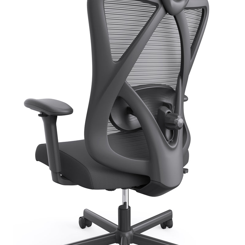 Right angled mid-chair close up view of a contemporary black office chair with mesh on a white background