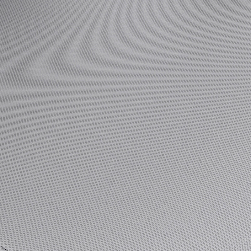 Swatch of gray fabric on a contemporary black office chair with mesh and a headrest