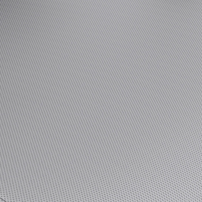 Swatch of gray fabric on a contemporary black office chair with mesh and a headrest