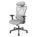 Left angled contemporary gray office chair with mesh and a headrest on a white background