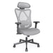 Right angled contemporary gray office chair with mesh and a headrest on a white background