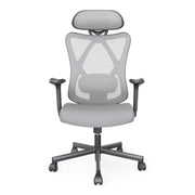 Front facing contemporary gray office chair with mesh and a headrest on a white background