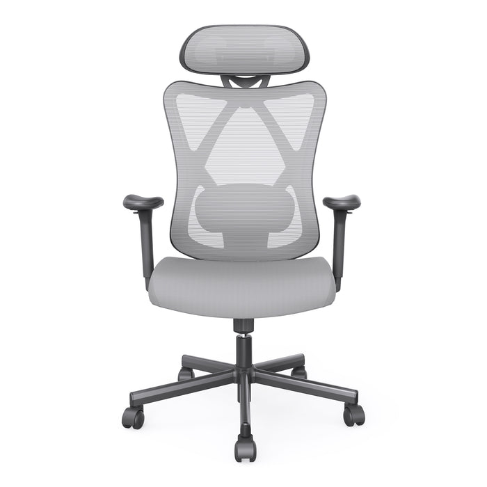 Front facing contemporary gray office chair with mesh and a headrest on a white background