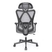 Front facing back view of a contemporary gray office chair with mesh and a headrest on a white background