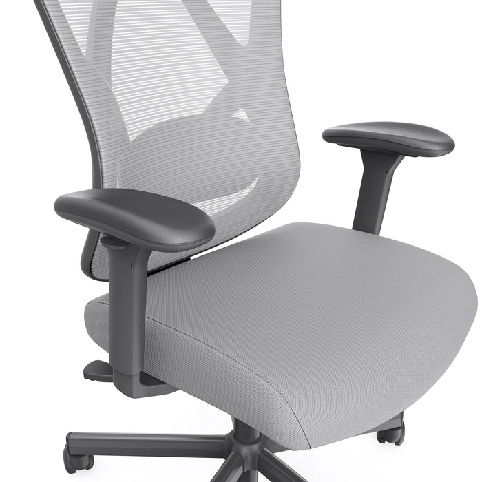 Right angled back, seat, and armrest close up view of a contemporary gray office chair with mesh on a white background