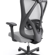 Right angled mid-chair close up view of a contemporary gray office chair with mesh on a white background