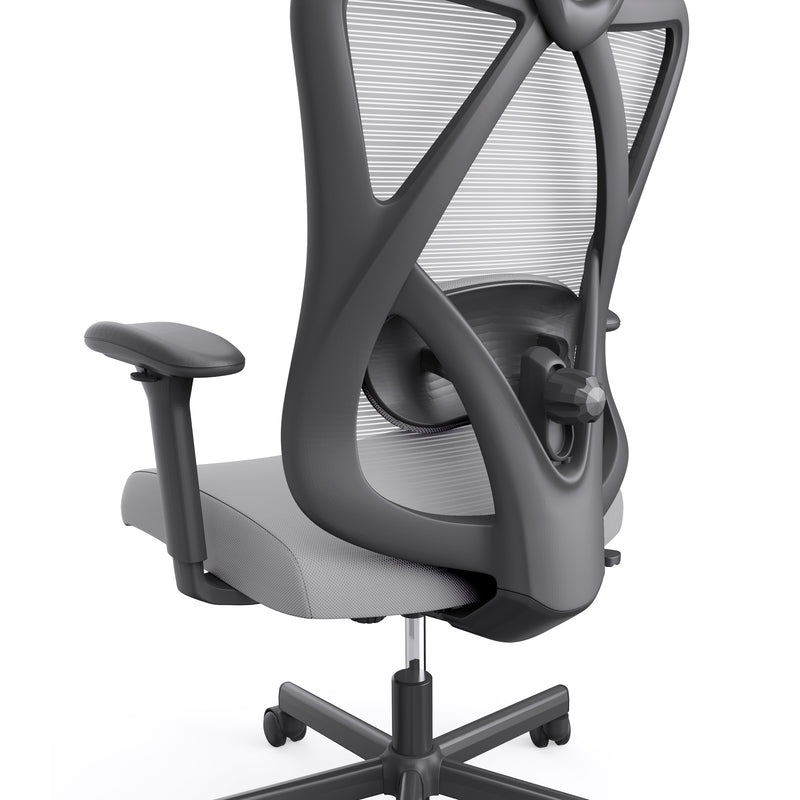 Right angled mid-chair close up view of a contemporary gray office chair with mesh on a white background