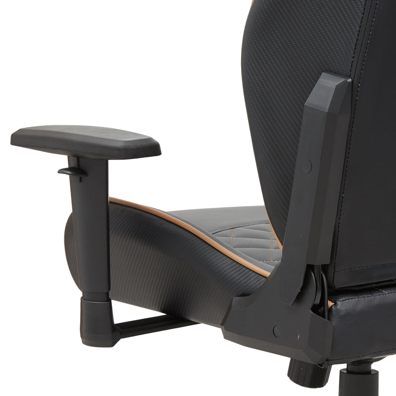 Left angled back and armrest close up view of a race car-inspired black and brown faux leather gaming chair on a white background