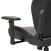 Left angled back and armrest close up view of a race car-inspired black and brown faux leather gaming chair on a white background