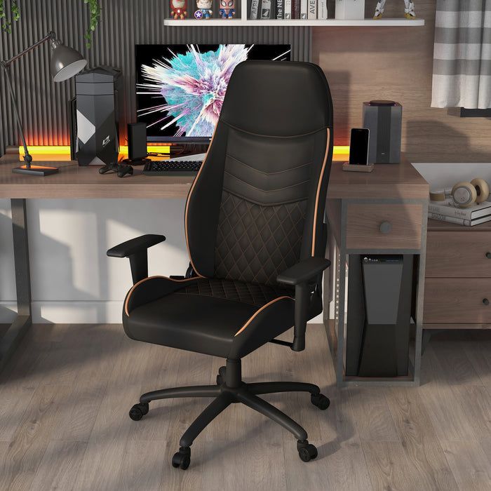 Left angled race car-inspired black and brown faux leather gaming chair at a desk with accessories