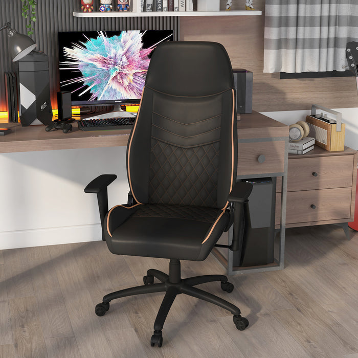 Left angled race car-inspired black and brown faux leather gaming chair at a desk with accessories