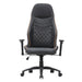 Front facing race car-inspired black and brown faux leather gaming chair on a white background