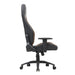 Front facing side view of a race car-inspired black and brown faux leather gaming chair on a white background