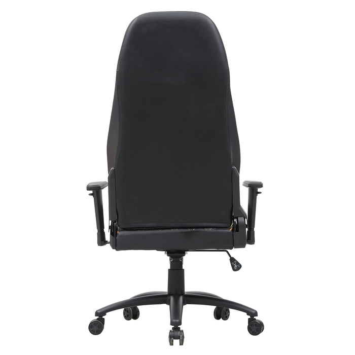 Front facing back view of a race car-inspired black and brown faux leather gaming chair on a white background