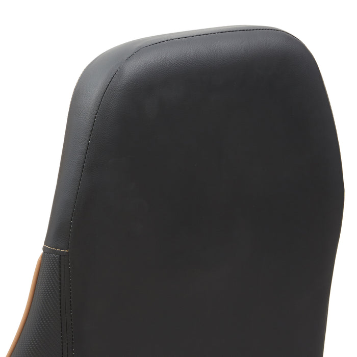 Left angled back and headrest close up view of a race car-inspired black and brown faux leather gaming chair on a white background
