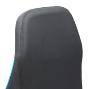 Left angled back and headrest close up view of a race car-inspired black and light blue faux leather gaming chair on a white background