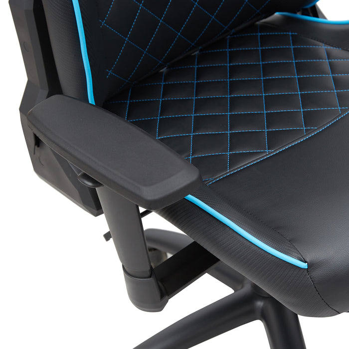 Right angled seat and back diamond quilting close up view of a race car-inspired black and light blue faux leather gaming chair on a white background