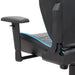 Left angled back and armrest close up view of a race car-inspired black and light blue faux leather gaming chair on a white background