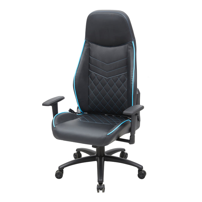 Left angled race car-inspired black and light blue faux leather gaming chair on a white background