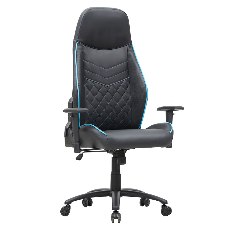 Right angled race car-inspired black and light blue faux leather gaming chair on a white background