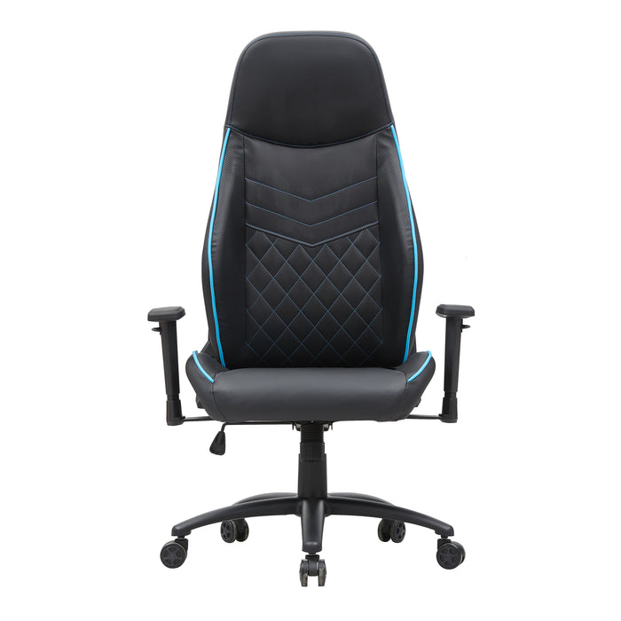 Front facing race car-inspired black and light blue faux leather gaming chair on a white background
