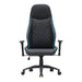 Front facing race car-inspired black and light blue faux leather gaming chair on a white background