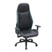 Right angled race car-inspired black and light blue faux leather gaming chair on a white background