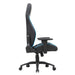 Front facing side view of a race car-inspired black and light blue faux leather gaming chair on a white background