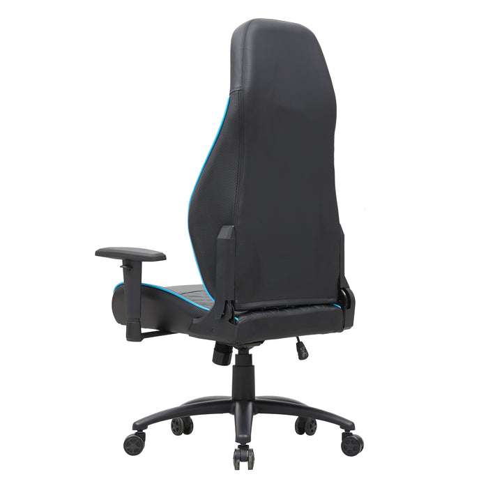 Left angled back view of a race car-inspired black and light blue faux leather gaming chair on a white background