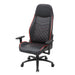 Left angled race car-inspired black and red faux leather gaming chair on a white background