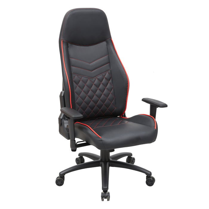 Right angled race car-inspired black and red faux leather gaming chair on a white background