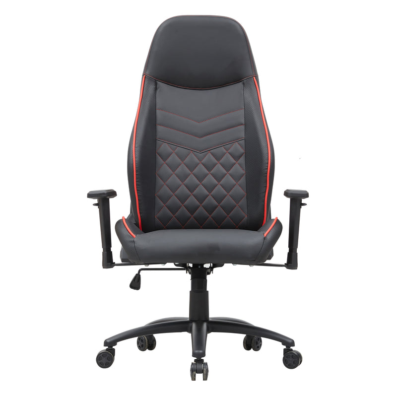 Front facing race car-inspired black and red faux leather gaming chair on a white background