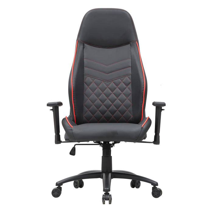 Front facing race car-inspired black and red faux leather gaming chair on a white background