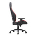 Front facing side view of a race car-inspired black and red faux leather gaming chair on a white background