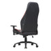 Left angled back view of a race car-inspired black and red faux leather gaming chair on a white background