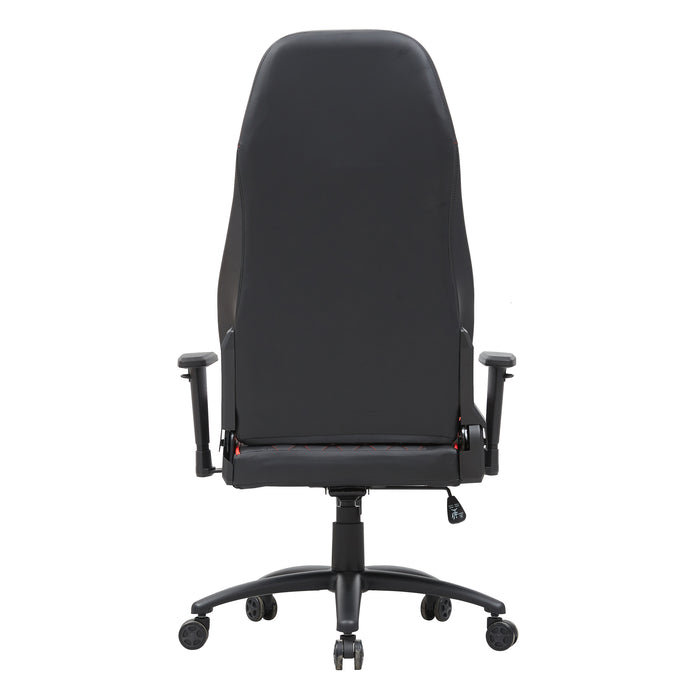 Front facing back view of a race car-inspired black and red faux leather gaming chair on a white background