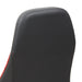 Left angled headrest and back close up view of a race car-inspired black and red faux leather gaming chair on a white background