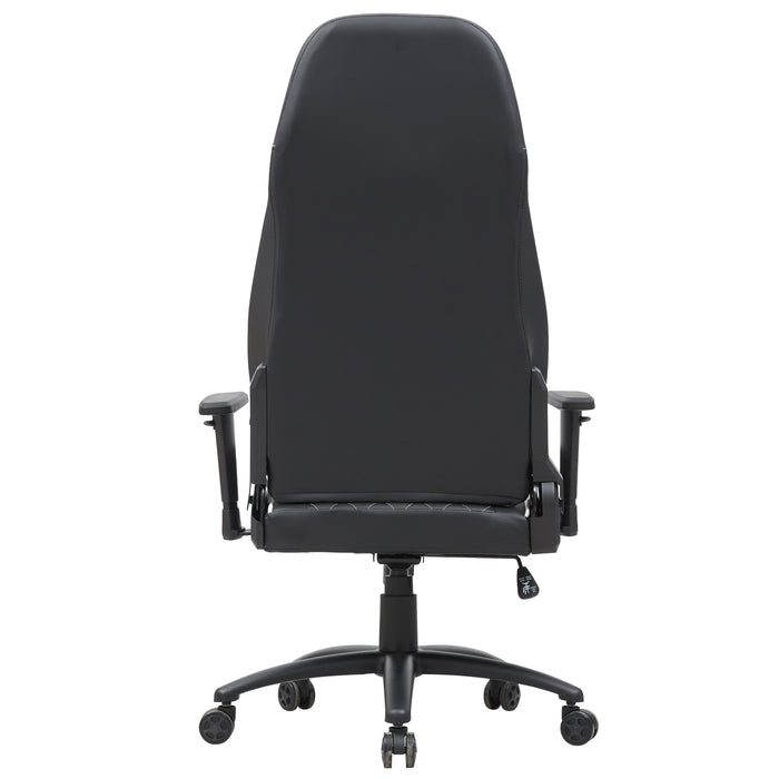 Back-facing view of modern black and white faux leather and strong iron adjustable gaming chair on white background