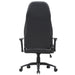 Back-facing view of modern black and white faux leather and strong iron adjustable gaming chair on white background