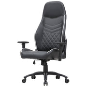 Angled view of modern black and white faux leather and strong iron adjustable gaming chair on white background